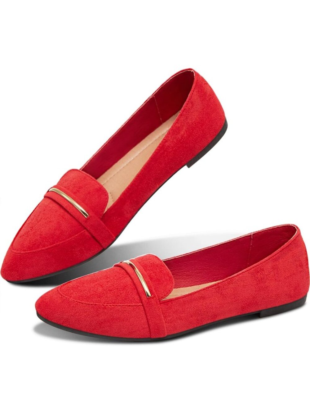Women's Red Faux Suede Comfortable Loafer Slip On Ballet Flat Cute Shoes